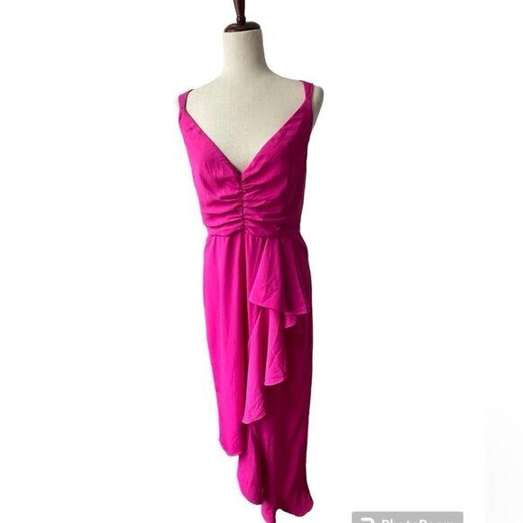 NWT Lovers + Friends Claire Very Berry Pink Asymmetrical Midi Dress size large - Picture 4 of 13